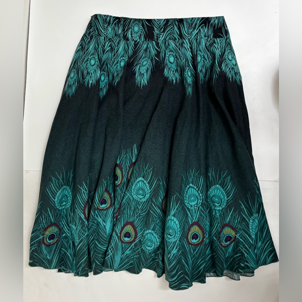 H&M peacock feather flare midi skirt size 6 turquoise green bohemian boho hippie - Picture 12 of 14